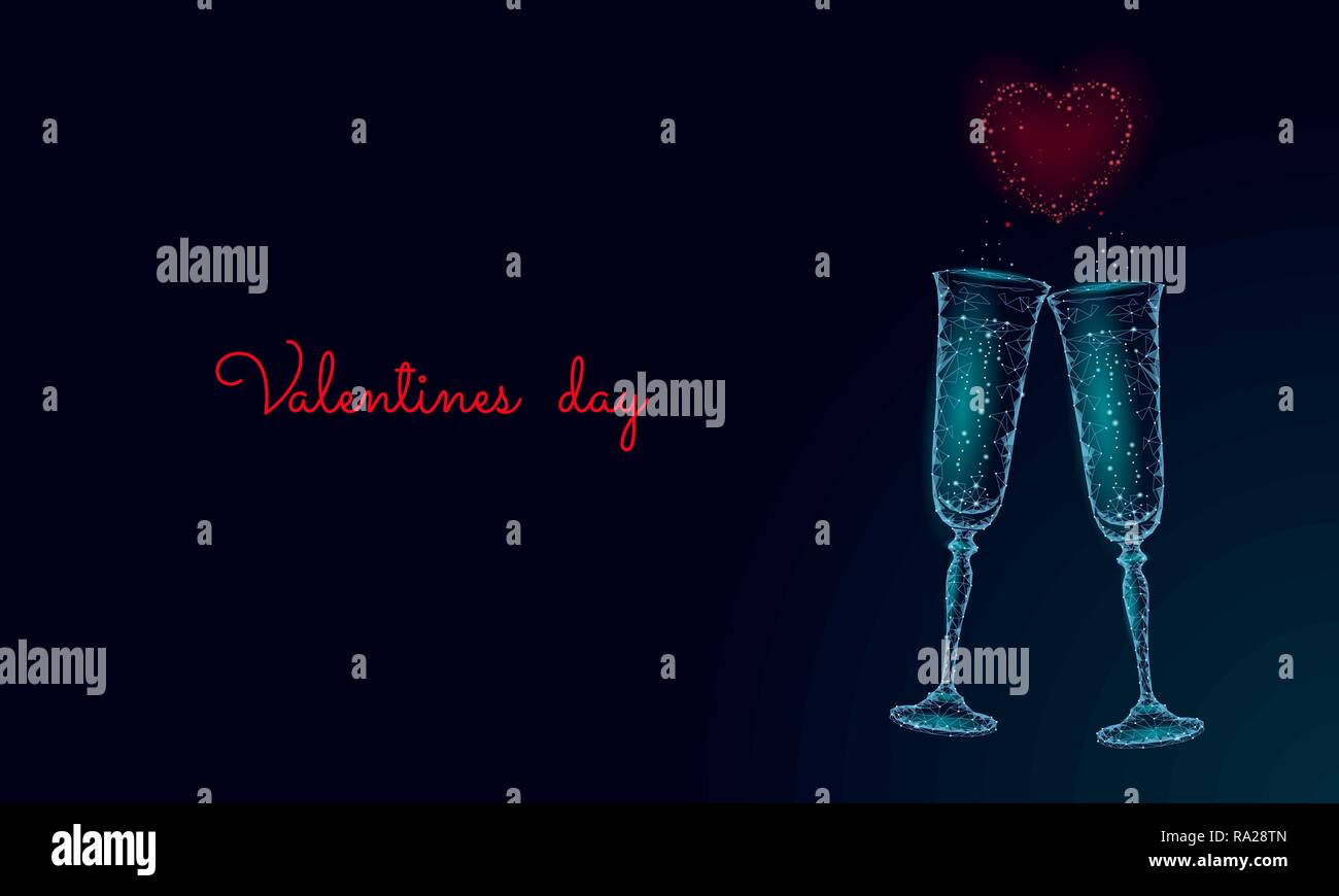 Due bicchieri di champagne con bagliori. Bassa poli blu poligonale incandescente tostare amore romantico data. Forma di cuore tenero dating chin chin matura il giorno di San Valentino illustrazione vettoriale Illustrazione Vettoriale