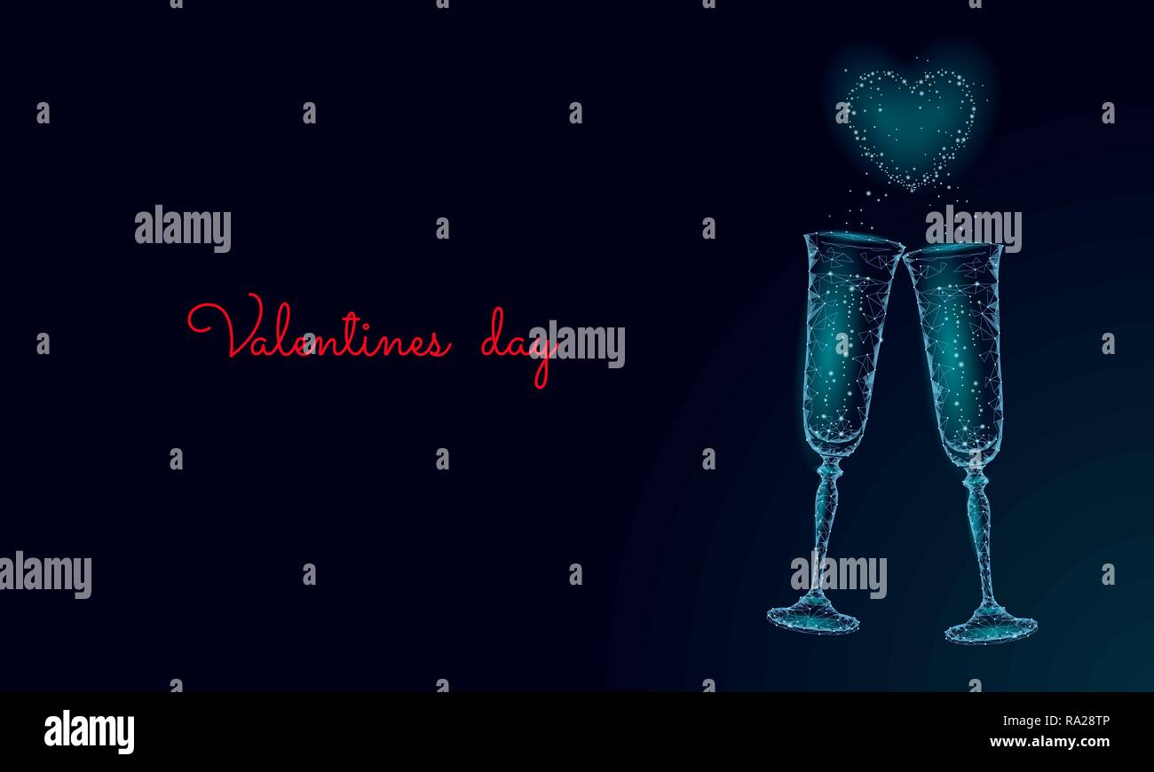 Due bicchieri di champagne con bagliori. Bassa poli blu poligonale incandescente tostare amore romantico data. Forma di cuore tenero dating chin chin matura il giorno di San Valentino illustrazione vettoriale Illustrazione Vettoriale