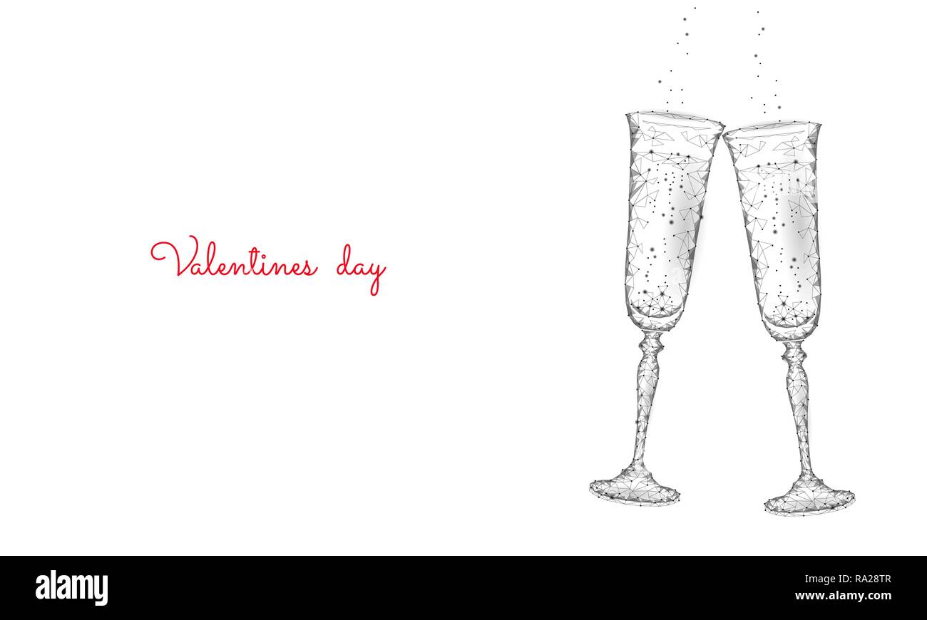 Due bicchieri di champagne con bagliori. Bassa poli bianco poligonale 3D la tostatura amore romantico data. Forma di cuore tenero dating chin chin matura il giorno di San Valentino illustrazione vettoriale Illustrazione Vettoriale
