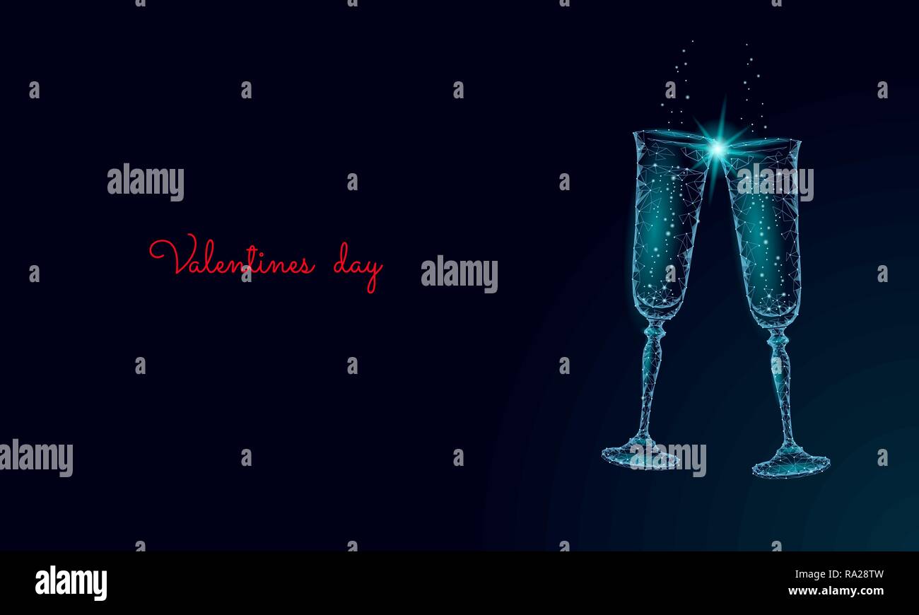 Due bicchieri di champagne con bagliori. Bassa poli blu poligonale incandescente tostare amore romantico data. Forma di cuore tenero dating chin chin matura il giorno di San Valentino illustrazione vettoriale Illustrazione Vettoriale