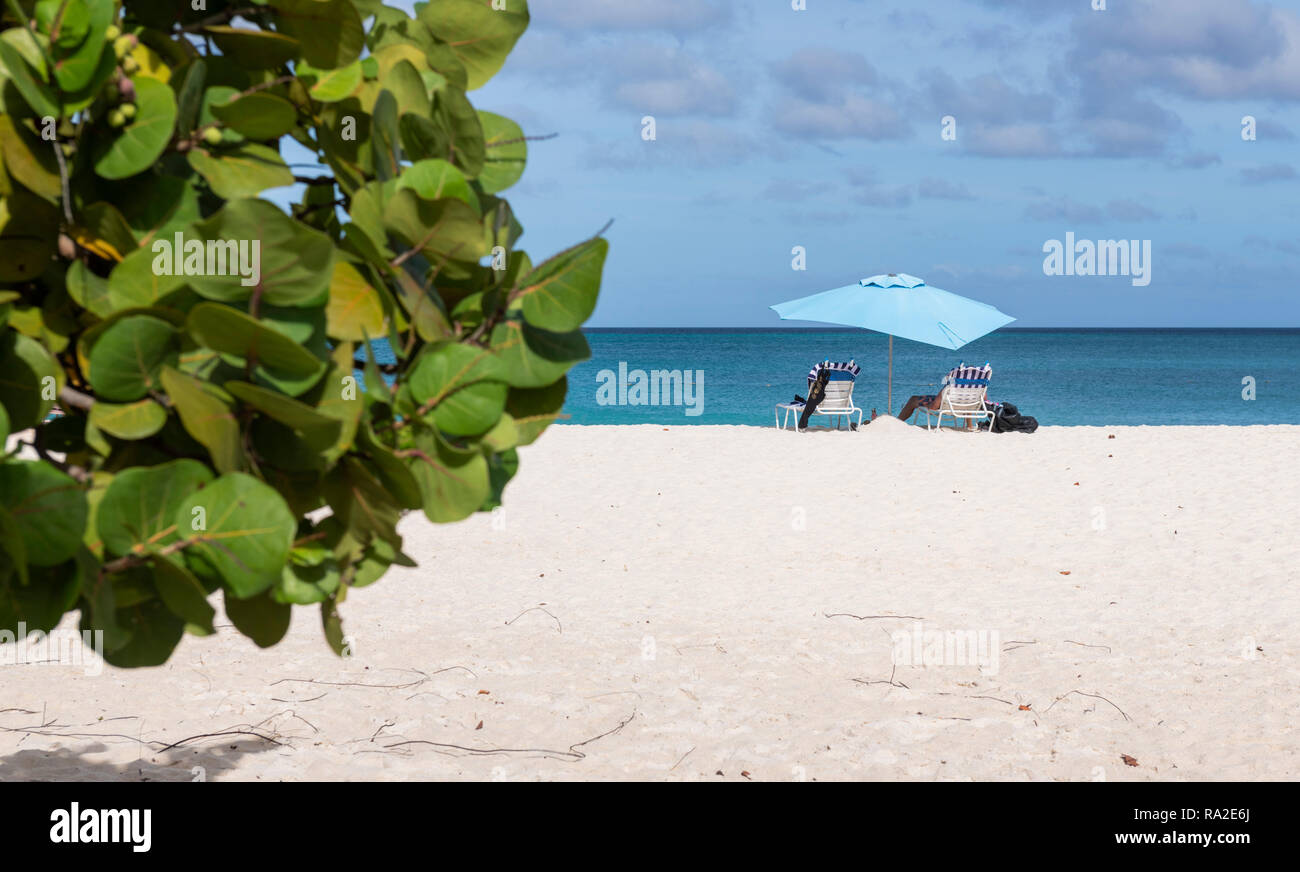 Eagle Beach Aruba Dutch West Indies singolo blu ombrellone in spiaggia Foto Stock