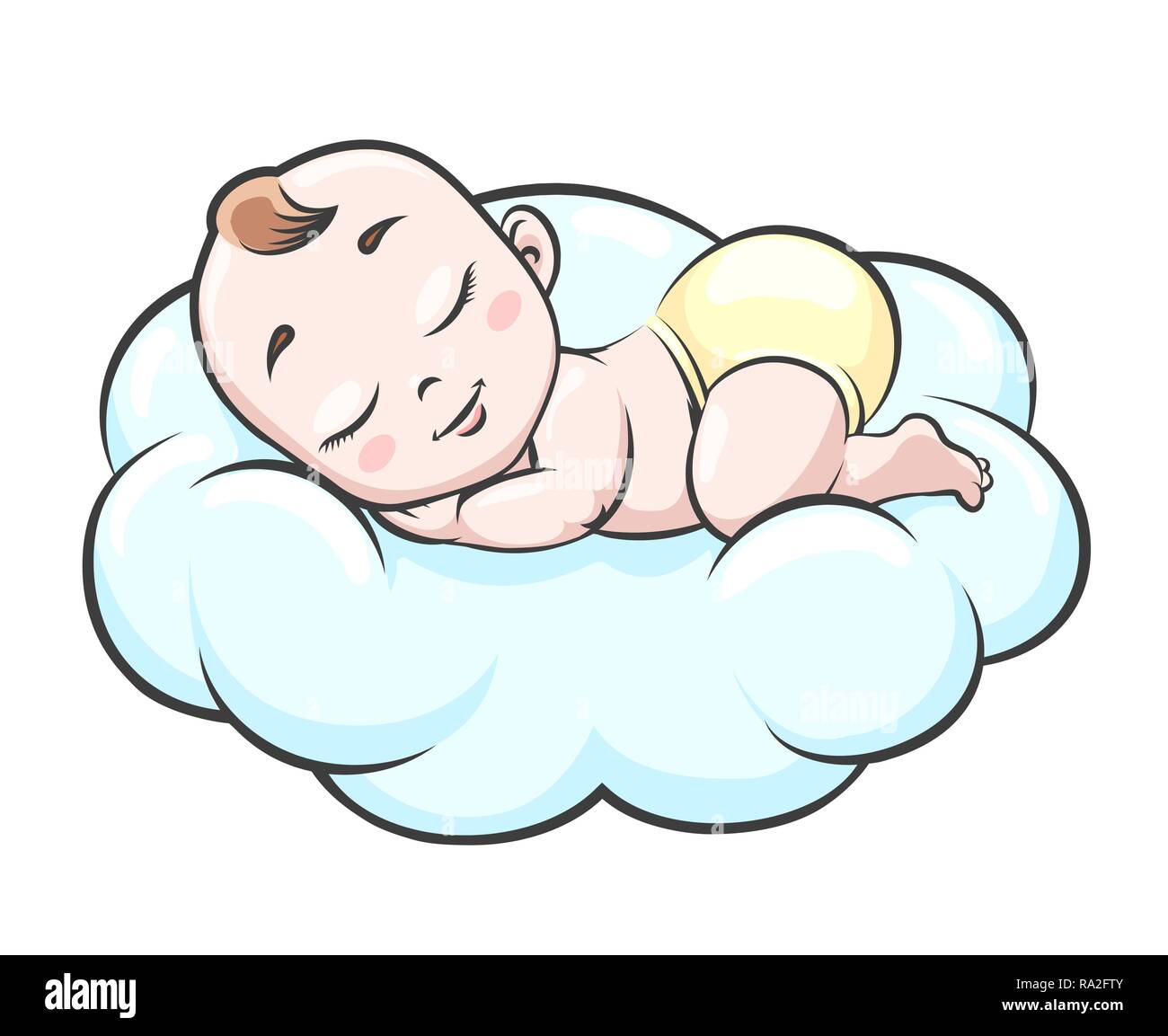 Bambino su cloud. Neonato bambino felice dormire in nuvole illustrazione  vettoriale, smilingcute piccolo bimbo con angel face in pannolini Immagine  e Vettoriale - Alamy