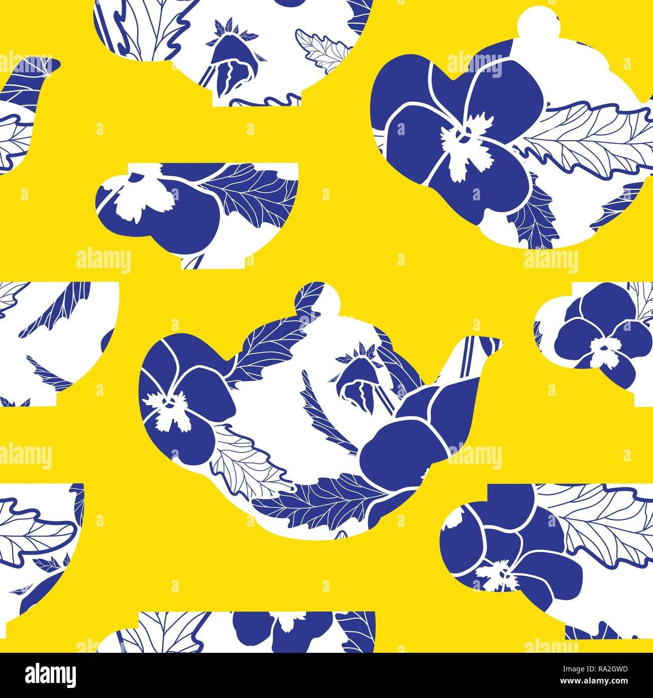 Vector teiera e tazze con royal blue pansy pattern su sfondo giallo. Vettore floreali repeat pattern senza giunture Illustrazione Vettoriale