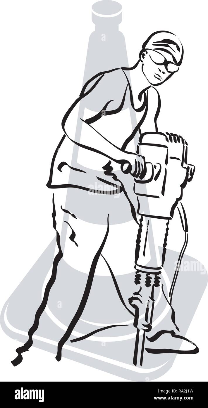 Illustrazione di un lavoratore su strada che sta utilizzando un jackhammer su una superficie stradale Illustrazione Vettoriale