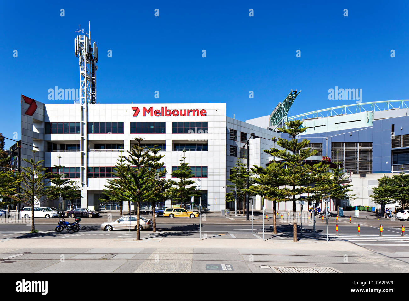 La rete sette edificio e meraviglia Stadium di Melbourne Docklands,Victoria Australia. Foto Stock