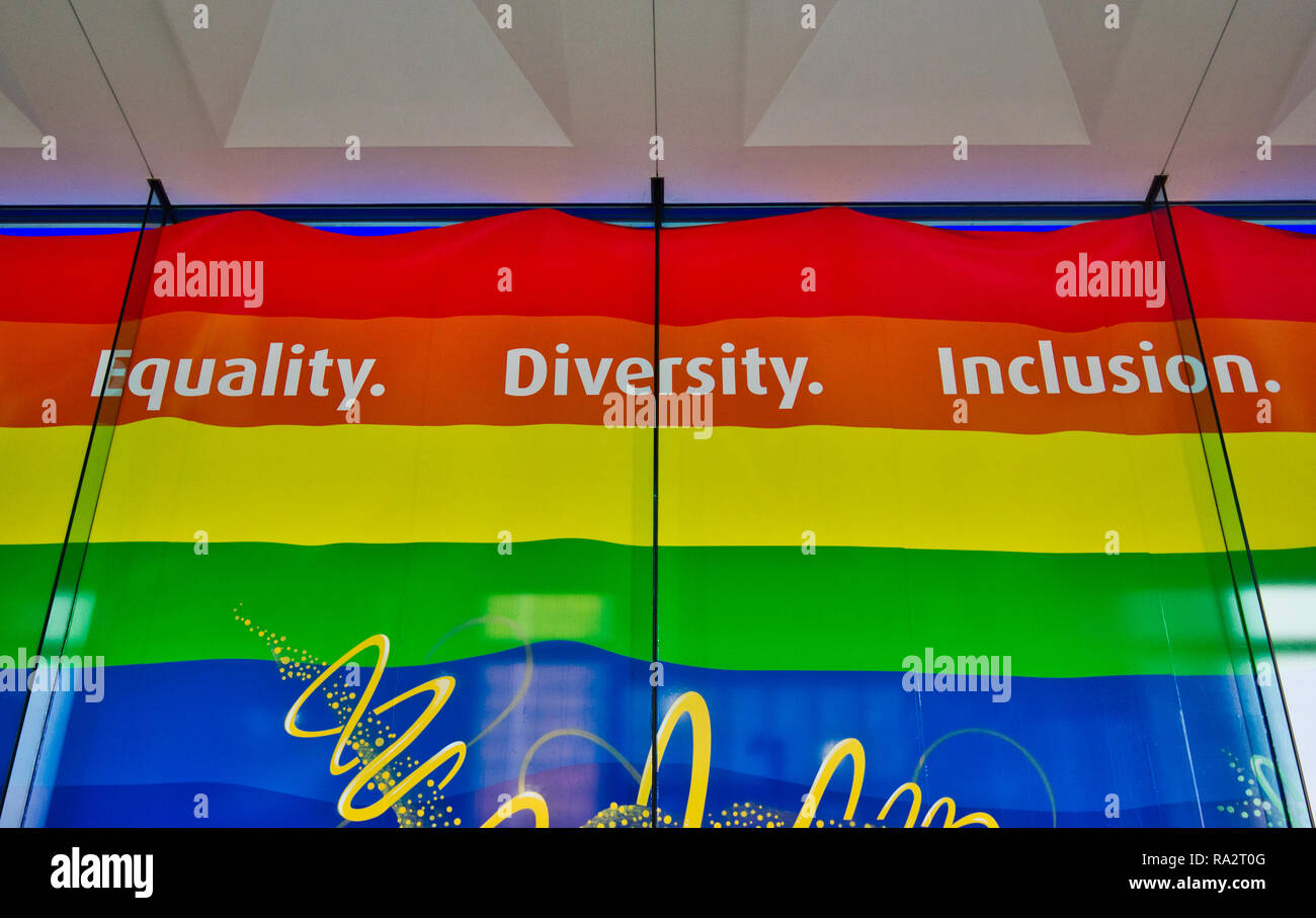 Bandiera arcobaleno con le parole la parità, la diversità, l'inclusione, Toronto, Ontario, Canada Foto Stock