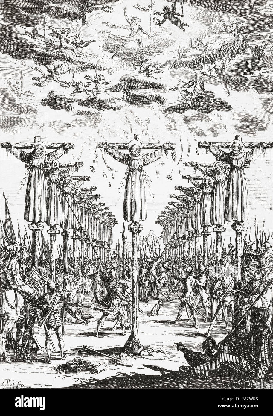 Cinquecento martiri cristiani in Giappone. La incisione di artista francese Jacques Callot, 1592-1635, che è datato 1627, può fare riferimento a uno dei due episodi di martirio a Nagasaki, in Giappone dove, nel 1597, 26 cristiani sono stati eseguiti o nel 1632, quando 55 cristiani sono stati uccisi in quello che è noto come il grande Genna il martirio. Foto Stock Cinquecento martiri cristiani in Giappone. La incisione di artista francese Jacques Callot, 1592-1635, che è datato 1627, può fare riferimento a uno dei due episodi di martirio a Nagasaki, in Giappone dove, nel 1597, 26 cristiani sono stati eseguiti o nel 1632, quando 55 cristiani sono stati uccisi in quello che è noto come il grande Genna il martirio. Foto Stock