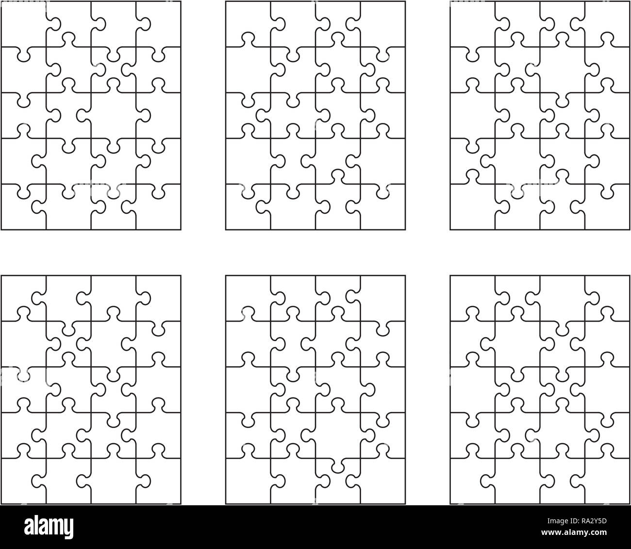 Illustrazione Vettoriale di sei diversi puzzle bianco, pezzi separati Foto Stock
