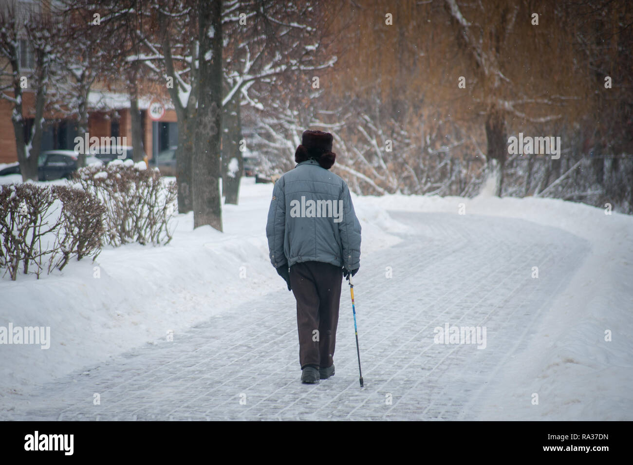 , Tambov Tambov Regione, la Russia. 31 Dic, 2018. Il russo poveramente vestito di titolare di pensione o di rendita passeggiate nel parco Credito: Demian Stringer/ZUMA filo/Alamy Live News Foto Stock