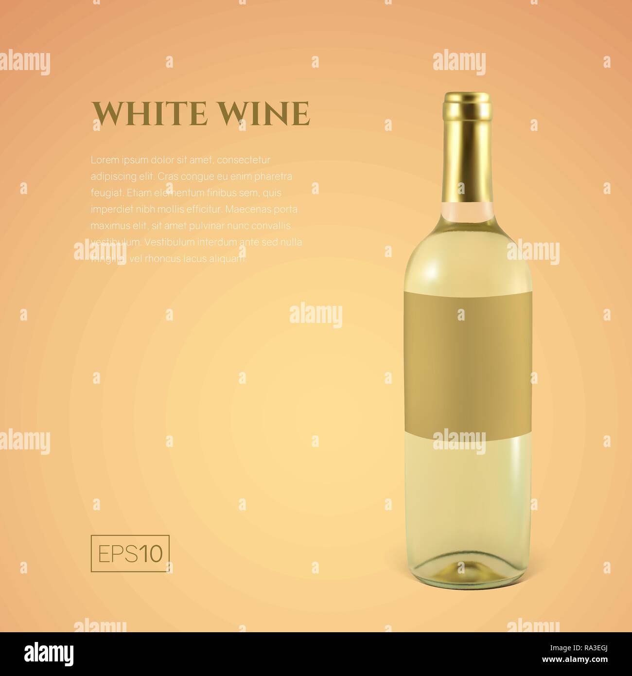 Fotorealistica bottiglia di vino bianco su sfondo giallo. Mock up bottiglia trasparente di vino. Modello per la presentazione del prodotto o la pubblicità in un Illustrazione Vettoriale