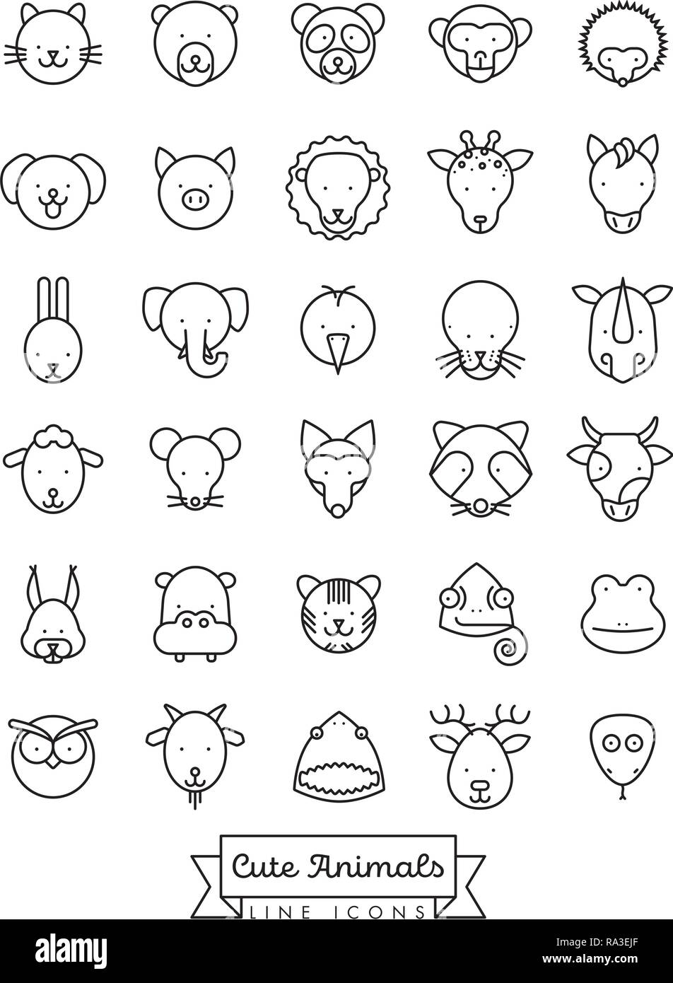 Raccolta di belle facce di animali linea del vettore icone. Pet, bestiame e bestie selvatiche simboli. Illustrazione Vettoriale