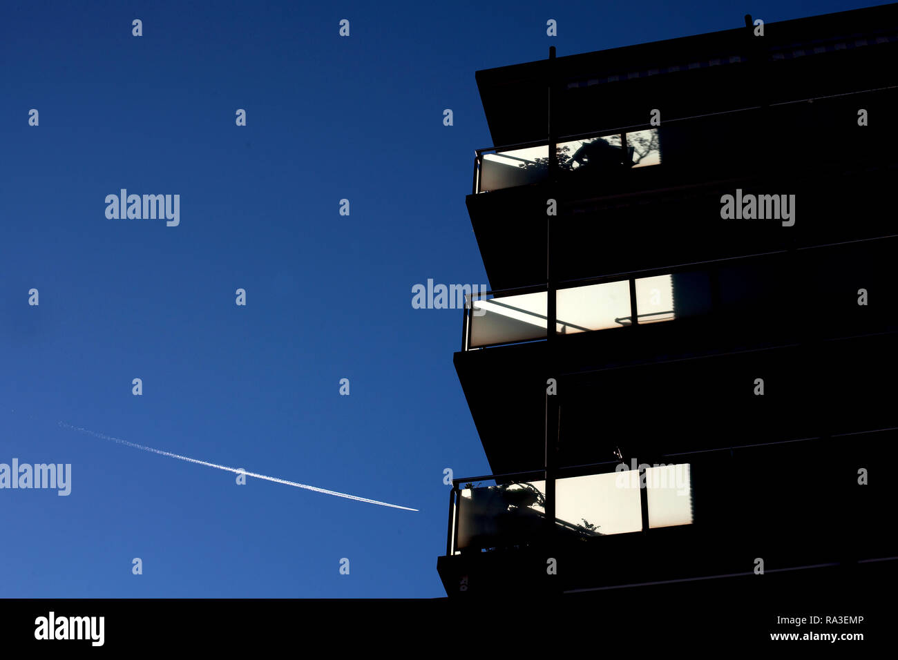 Balconi con retroilluminazione, Barcelona, Spagna. Foto Stock