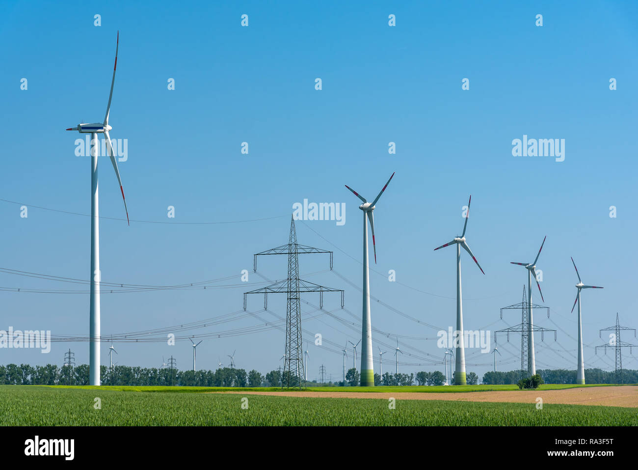 Linee di alimentazione aeree e delle turbine a vento visto in Germania Foto Stock
