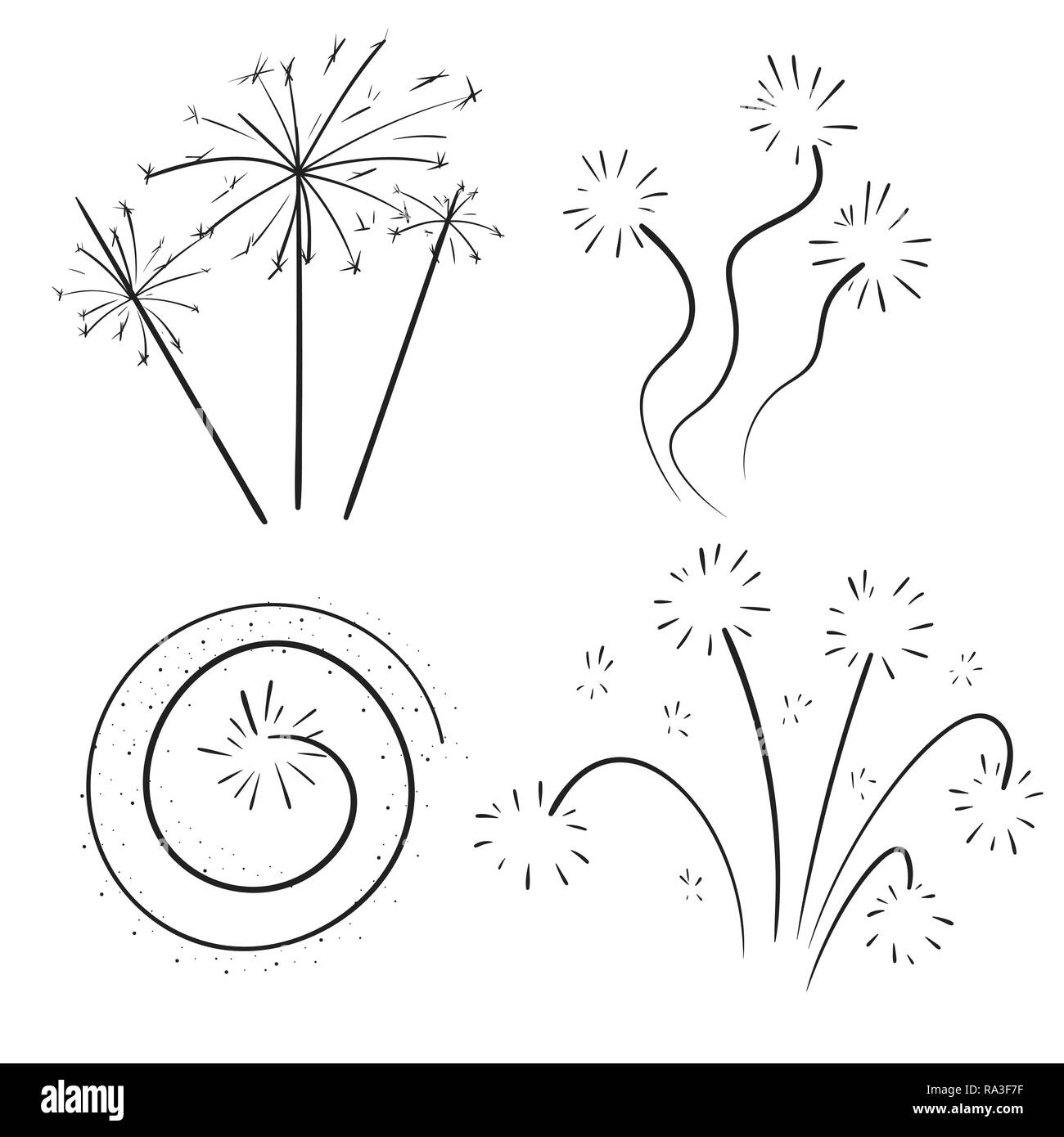 Disegnata a mano insieme di fuochi d'artificio. Ricci, swishes swashes, piomba. Doodle swirl. Isolato illustrazione vettoriale su sfondo bianco. Illustrazione Vettoriale