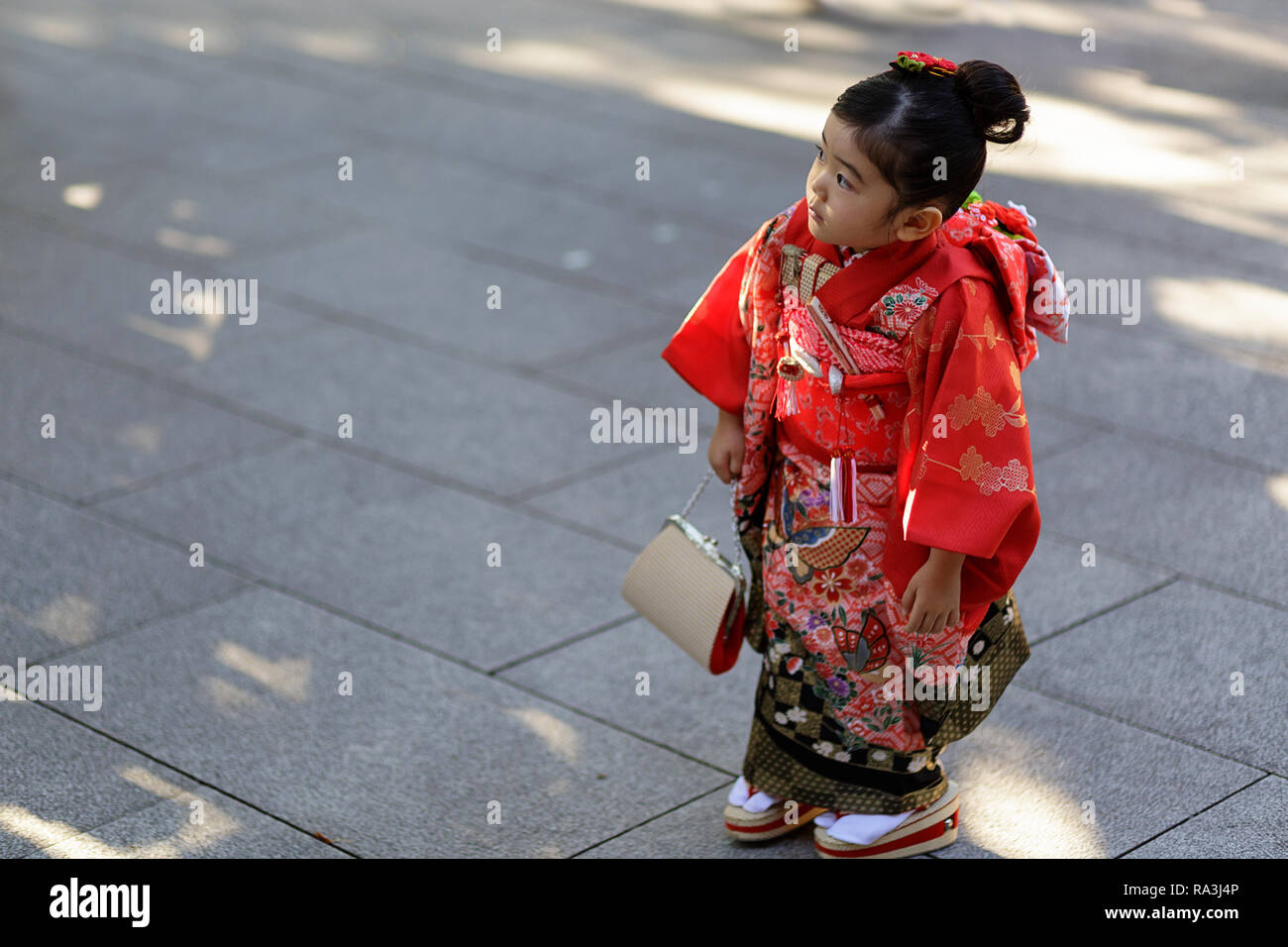 Bambina indossa un kimono festosa all'Shichi-go-festival di san o Seven-Five-tre festival presso il Tempio di Meiji, Yoyogi Park, Tokyo, Giappone Foto Stock