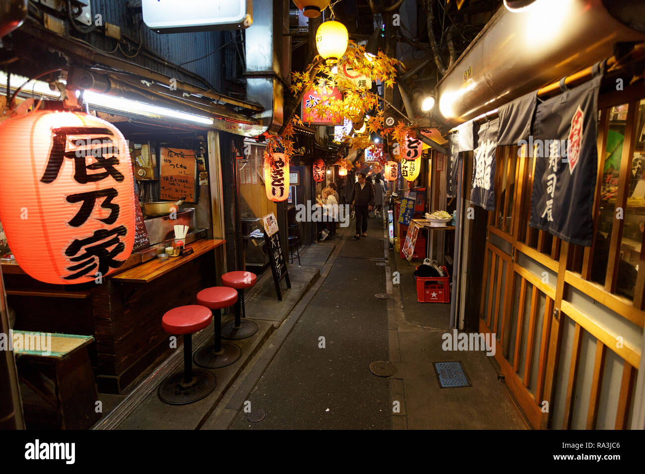 Caldo e fumoso Tokyo street ristoranti, come la gente del posto per mangiare e per bere nella notte. Omoide Yokocho , Giappone Foto Stock