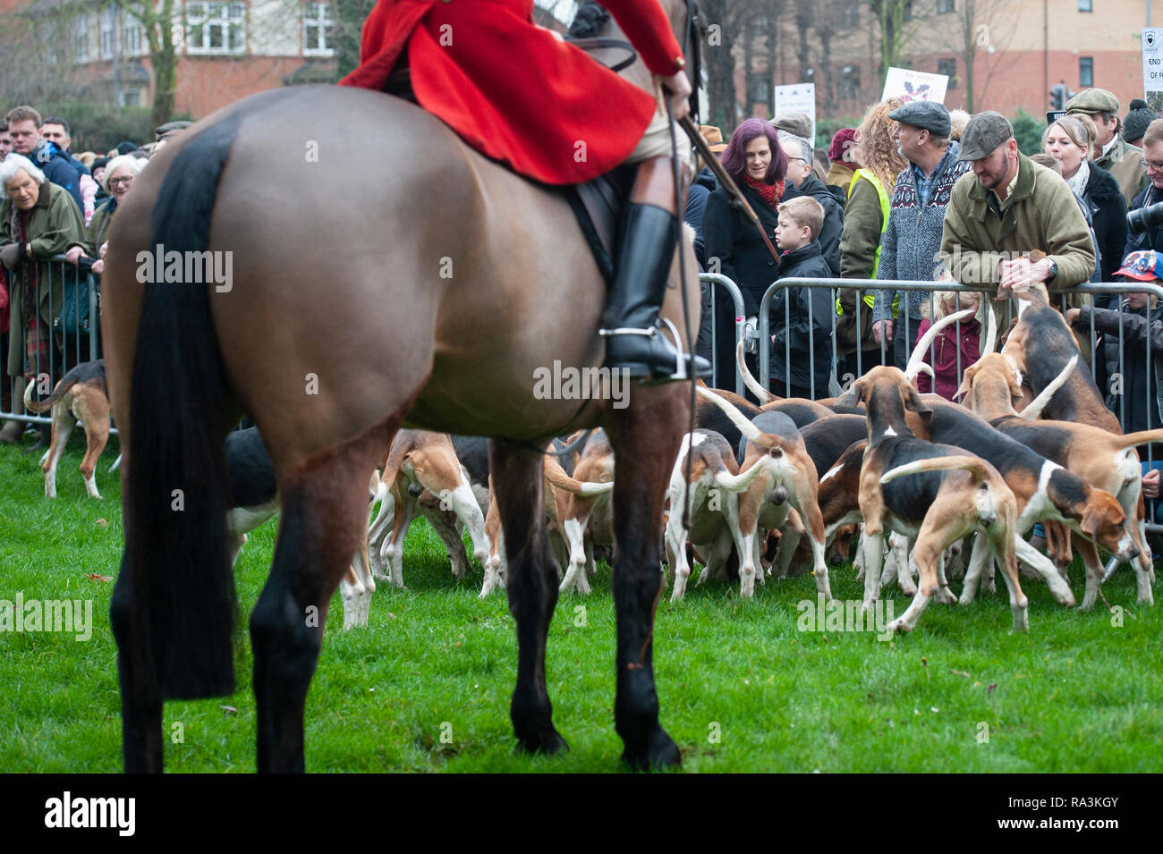 Grantham, Lincolnshire, Regno Unito. Il 26 dicembre 2018. Centinaia di spettatori e i diritti degli animali si radunano i sostenitori in Grantham per guardare la festa annuale Foto Stock