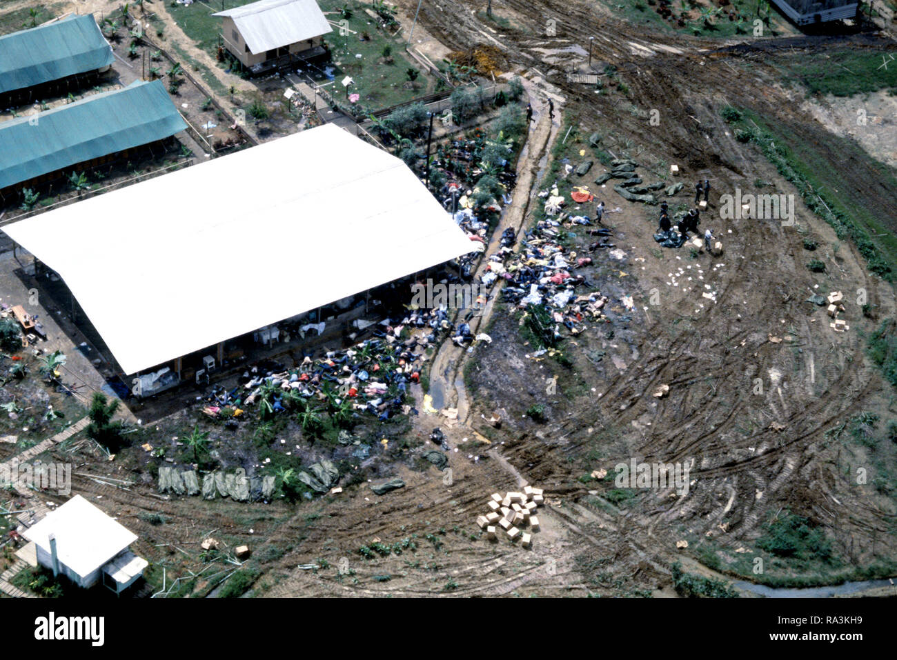 1978 - An aerial view of the bodies of the victims of the Jonestown tragedy.  US Army personnel from Fort Bragg, North Carolina (NC), are placing the remains into body bags. Foto Stock