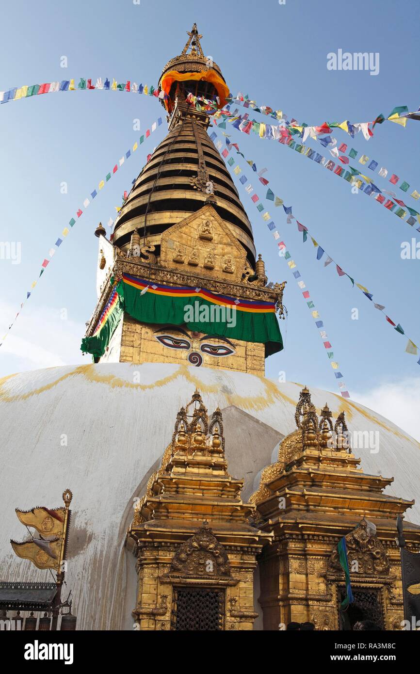Stupa buddisti, Swayambhunath Monkey Temple, Kathmandu, Nepal Foto Stock