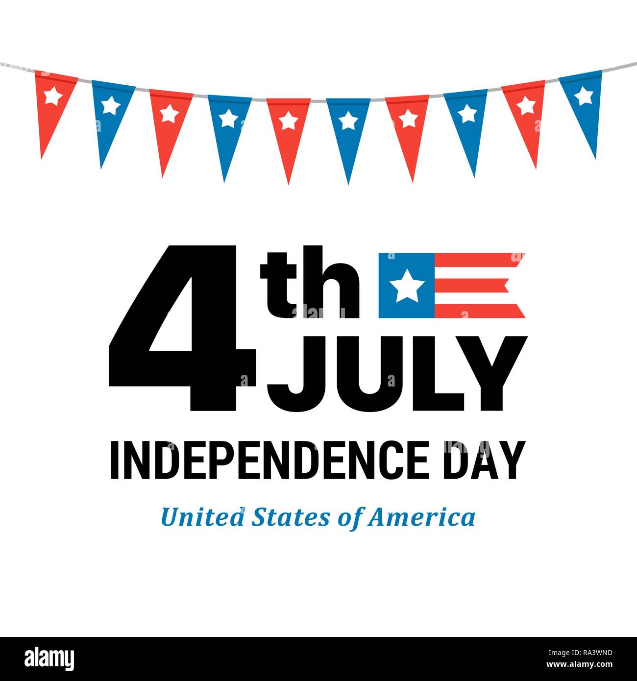 Il 4 luglio il Giorno di Indipendenza degli Stati Uniti d'America. Vettore di piatto card con molte piccole bandierine isolati su sfondo bianco Illustrazione Vettoriale