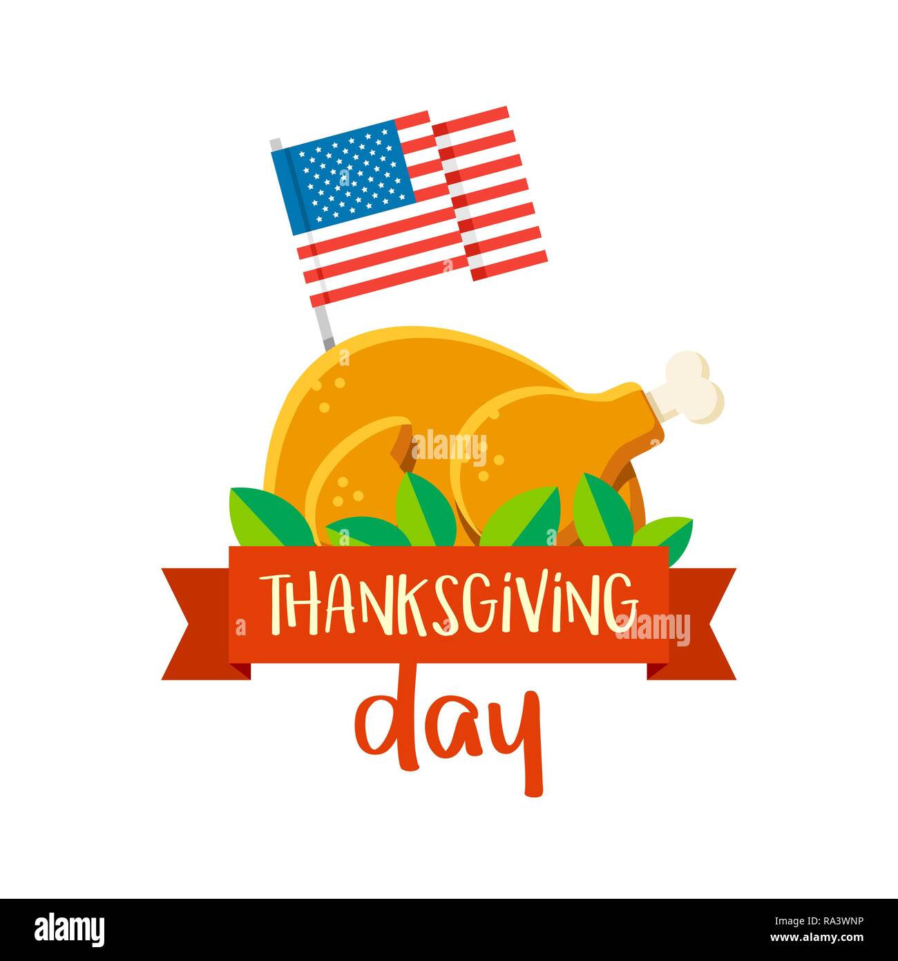 Felice giorno del Ringraziamento vettore scheda messaggi di saluto con la Turchia e con la bandiera americana. Celebrazione piatta illustrazione Illustrazione Vettoriale