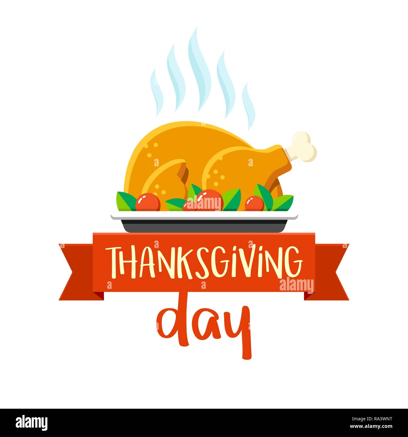 Felice giorno del Ringraziamento vettore scheda messaggi di saluto con la Turchia sulla piastra e nastro rosso. Celebrazione piatta Illustrazione Vettoriale