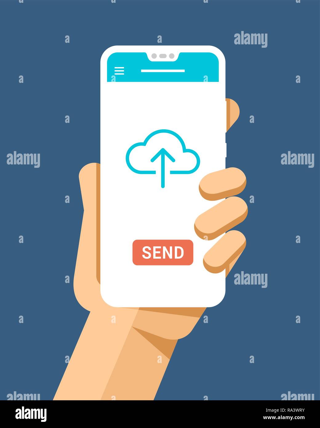Mano trattiene lo smartphone e Invia file per lo storage cloud. Vettore di piana telefono moderno mock-up illustrazione Illustrazione Vettoriale