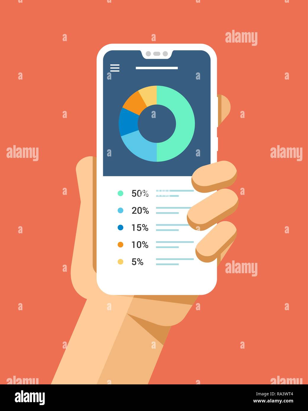 Mano trattiene lo smartphone con applicazione finanziaria sullo schermo. Vettore di piana telefono moderno mock-up illustrazione Illustrazione Vettoriale