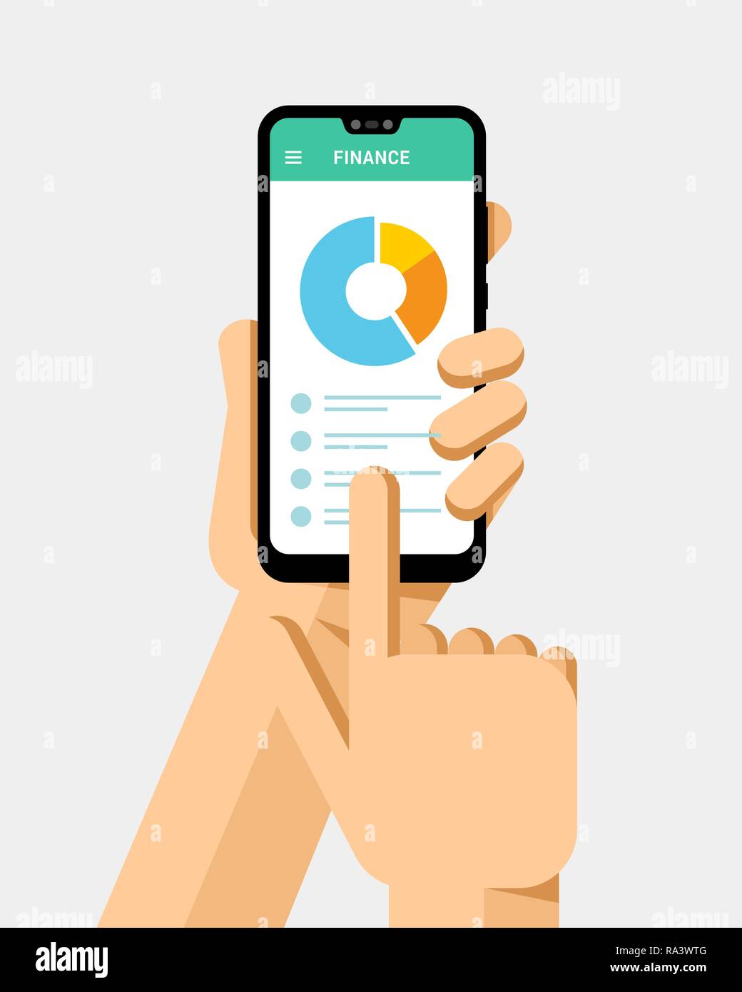 Mano trattiene lo smartphone con finanziarie grafico radiale. Vettore di piana telefono moderno mock-up illustrazione Illustrazione Vettoriale