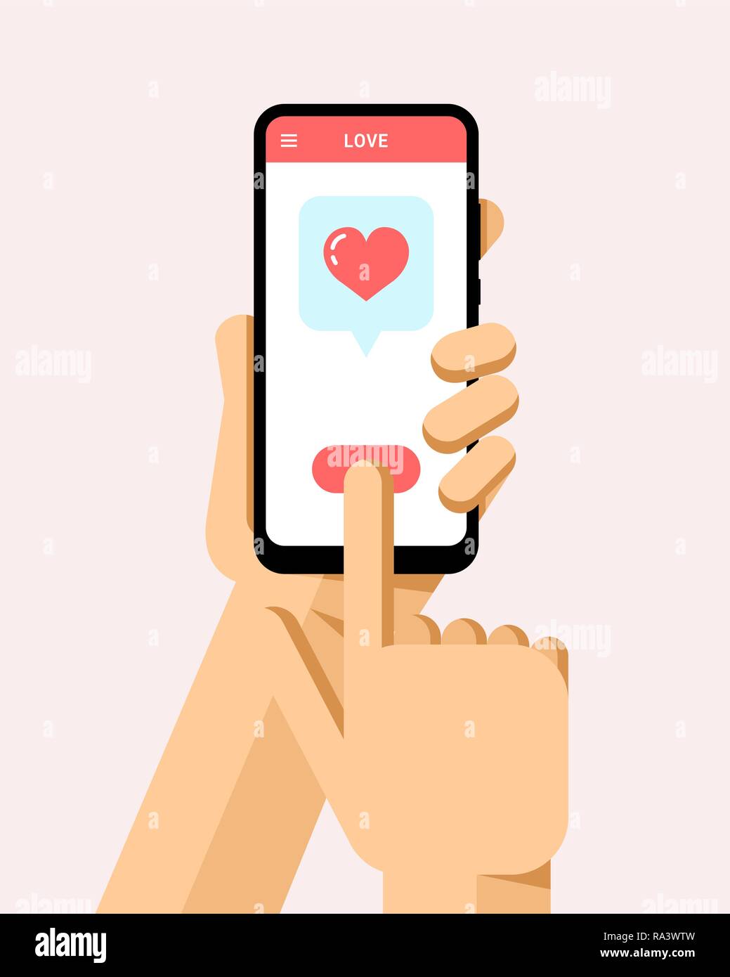 Mano trattiene lo smartphone. Saluto online il messaggio di amore in applicazione mobile. Vettore di piana telefono moderno mock-up illustrazione Illustrazione Vettoriale