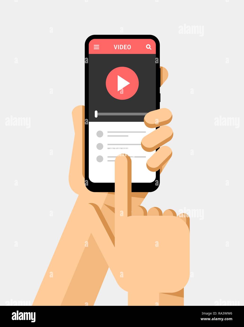Mano trattiene lo smartphone e la visione di un video clip sullo schermo. Vettore di piana telefono moderno mock-up illustrazione Illustrazione Vettoriale
