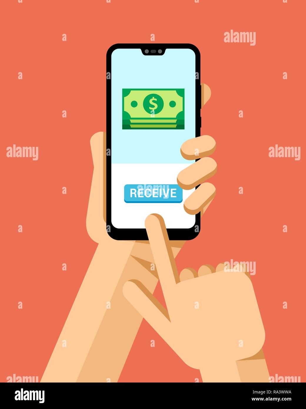 Mano trattiene lo smartphone mock-up. Ricezione di denaro transazione al portafoglio online. Vettore di piana telefono moderno mock-up illustrazione Illustrazione Vettoriale