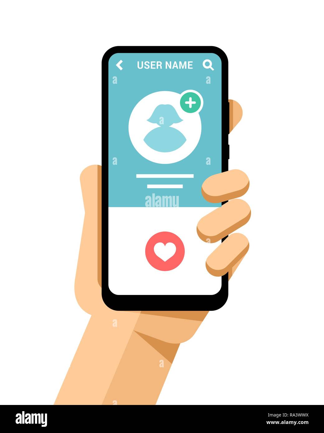 Mano trattiene lo smartphone mockup con la ragazza foto e come pulsante. Vettore di piana telefono moderno mock-up illustrazione Illustrazione Vettoriale