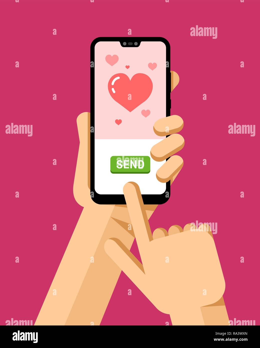 Mano trattiene lo smartphone. Annuncio Online amore card in applicazione mobile. Vettore di piana telefono moderno mock-up illustrazione Illustrazione Vettoriale