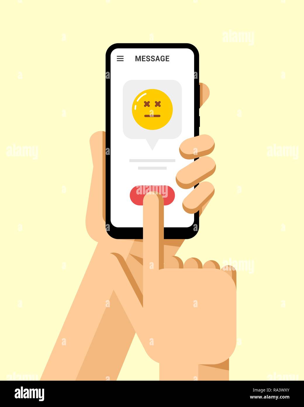 Mano trattiene lo smartphone. Messaggio online con sorriso in applicazione mobile. Vettore di piana telefono moderno mock-up illustrazione Illustrazione Vettoriale