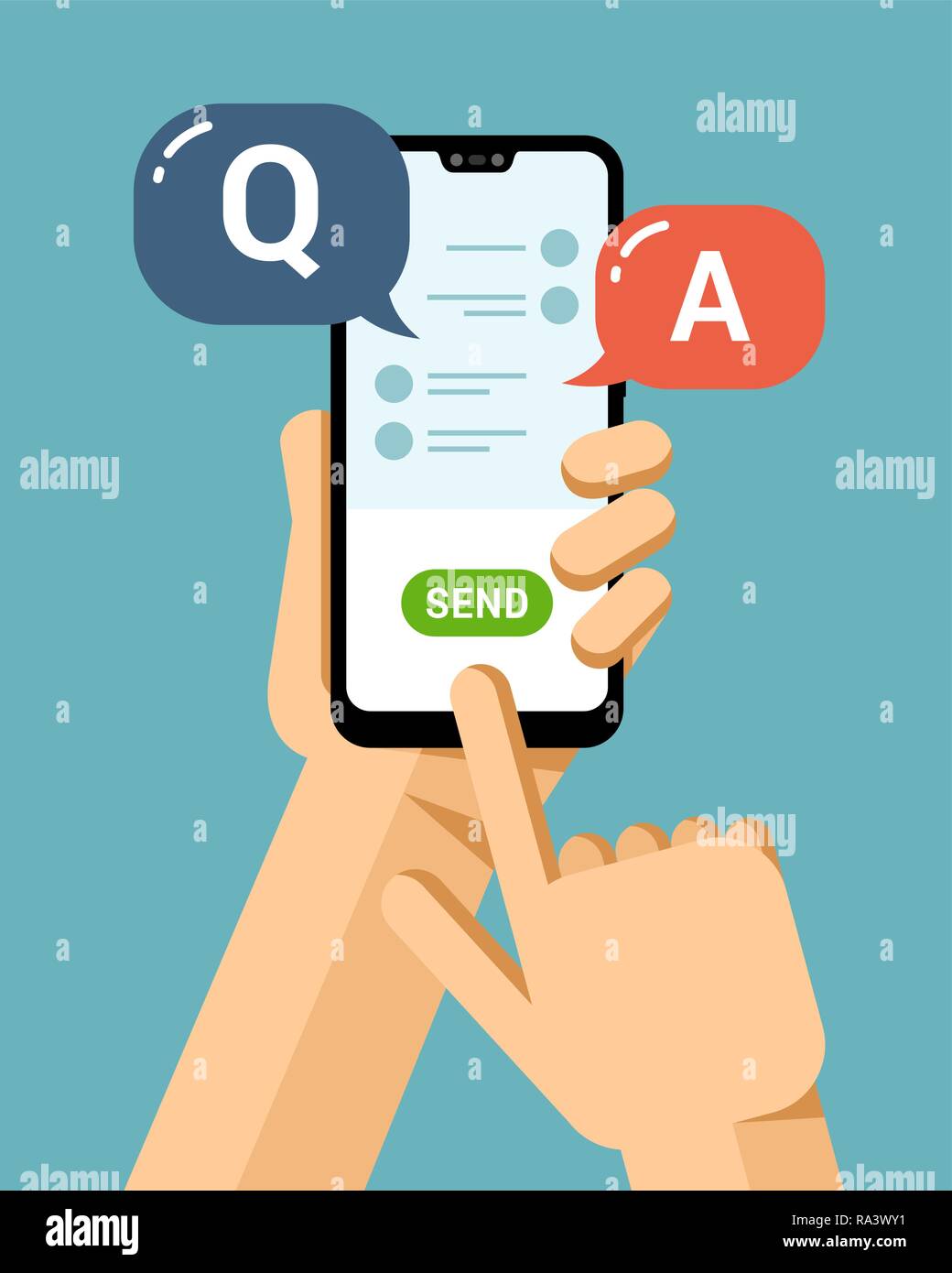 Mano trattiene lo smartphone e preme il pulsante Invia . Messaggi dal team di supporto. Vettore di piana telefono moderno mock-up illustrazione Illustrazione Vettoriale