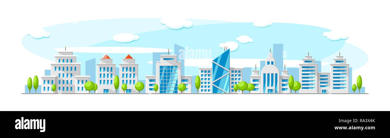 Paesaggio con moderni edifici skyscrapper come banca, ufficio e appartamento. Vettore città piatta illustrazione Illustrazione Vettoriale