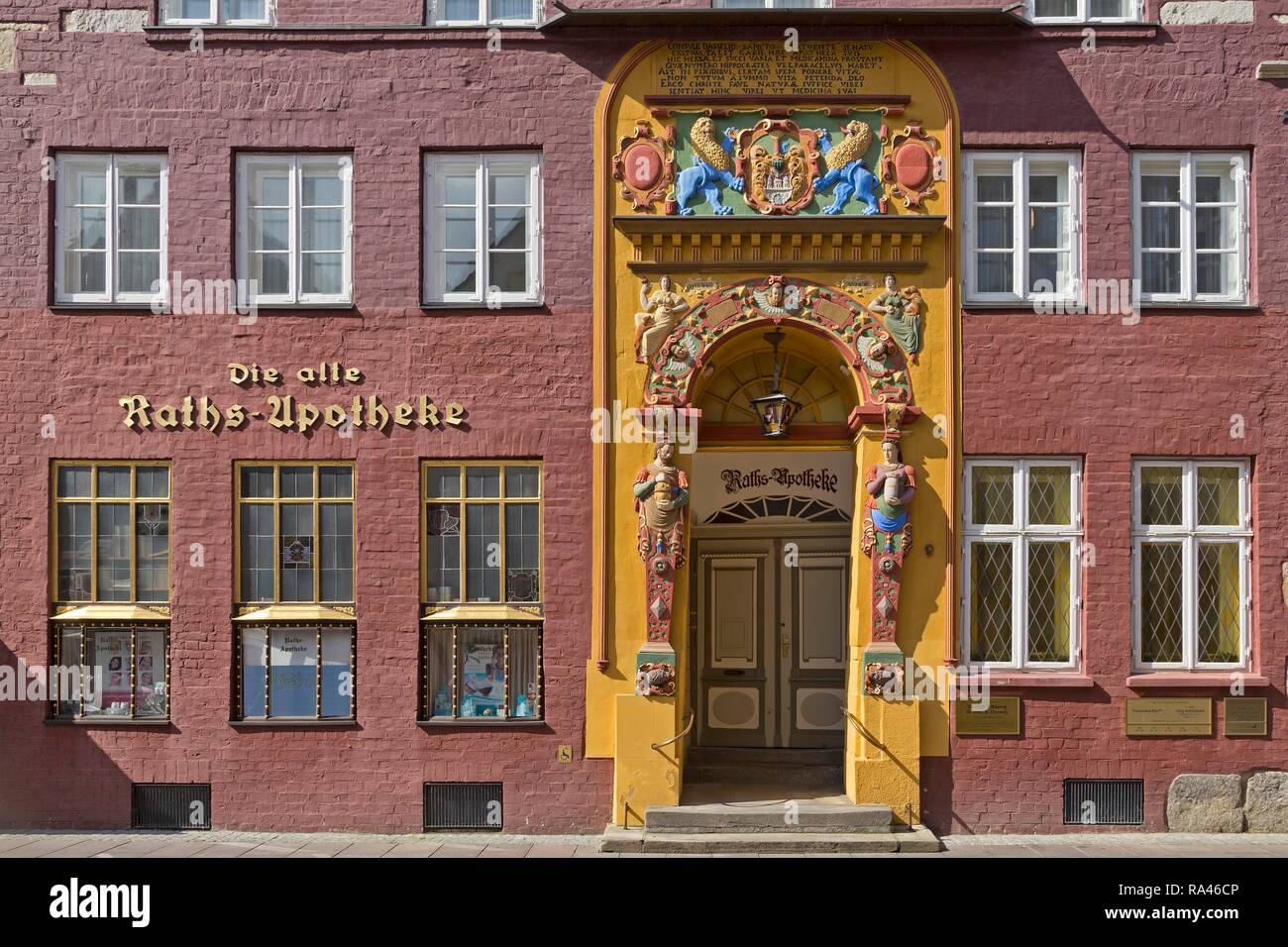 Portale della vecchia farmacia, Alte Rathsapotheke, Lüneburg, Bassa Sassonia, Germania Foto Stock