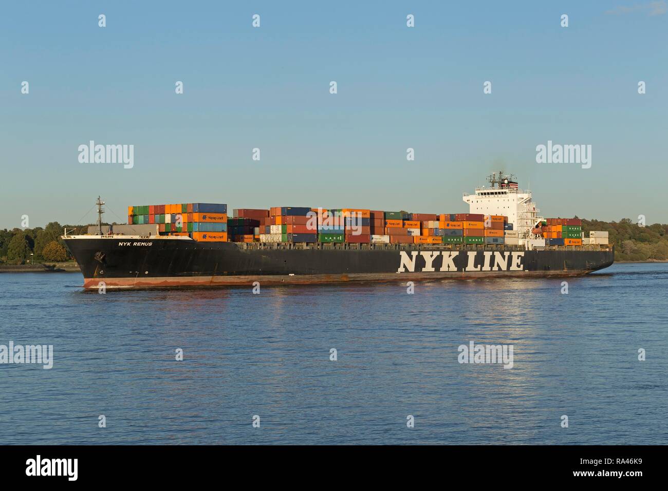 Contenitore nave NYK Line sul fiume Elba, Finkenwerder, Amburgo, Germania Foto Stock