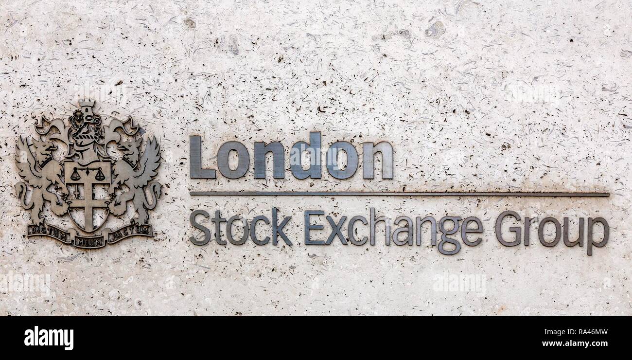 Il logo del London Stock Exchange Group, London Stock Exchange, il quartiere finanziario di Londra, Regno Unito Foto Stock