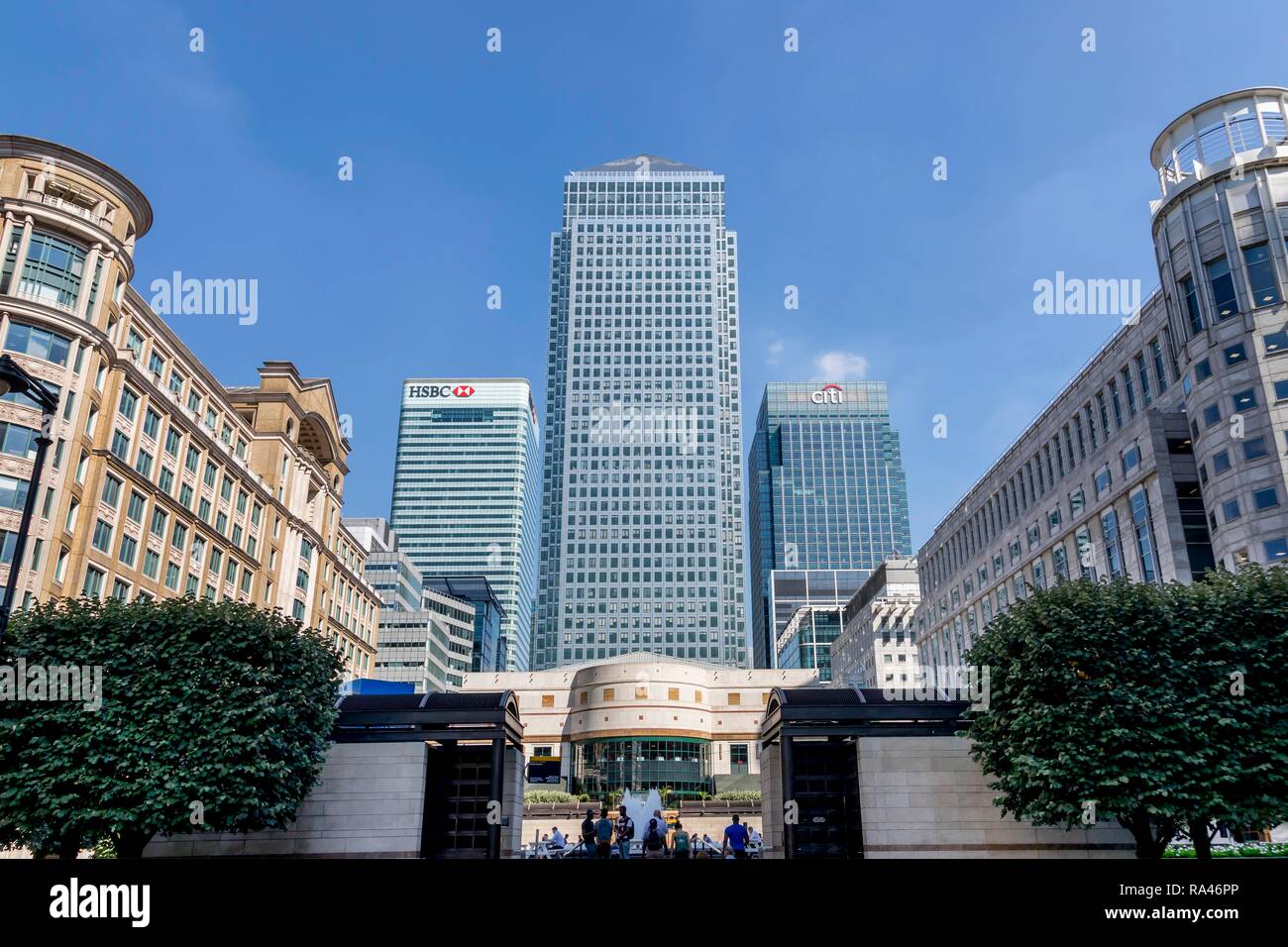 Canary Wharf Tower, sede della banca Citi al centro di Citigroup e sede della banca HSBC, quartiere finanziario e delle banche Foto Stock