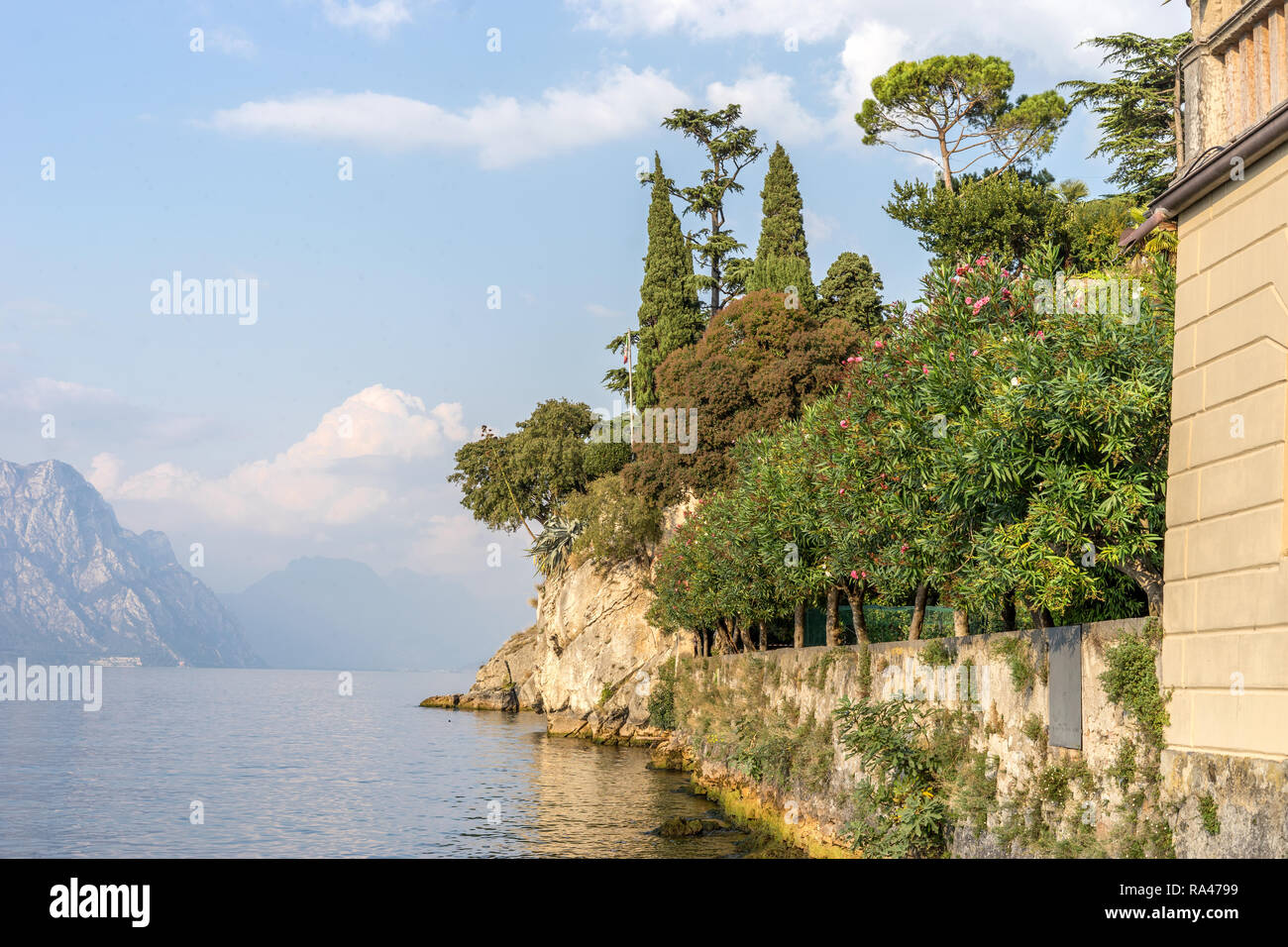 Romantico paesaggio mediterraneo a Malcesine sul Lago di Garda con cipressi e montagne Foto Stock