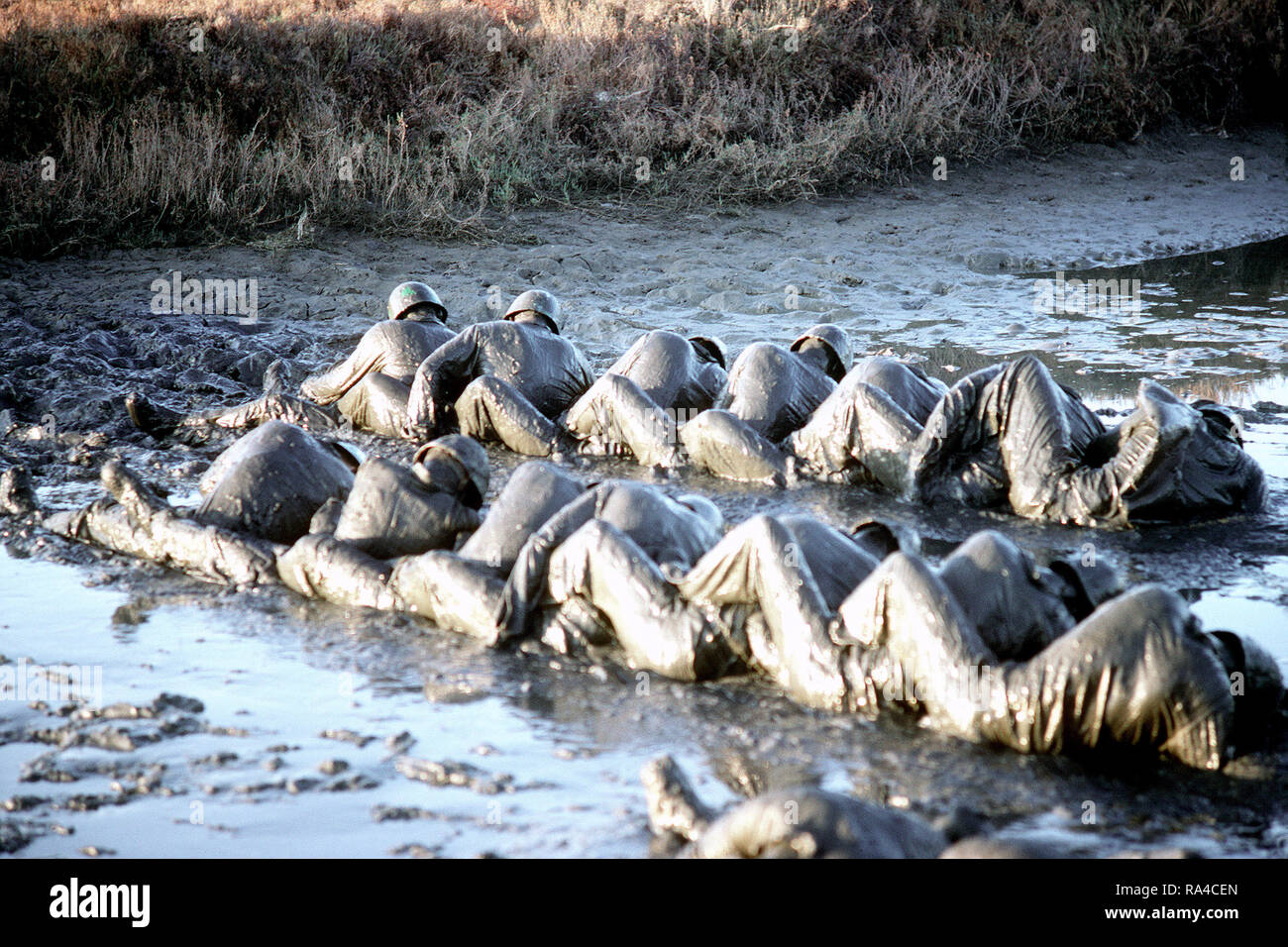 1976 - STATI UNITI Navy base demolizioni subacquee/Sea-Air-terra (guarnizione di tenuta) (BUD/S) partecipanti lotta in un pozzo del fango durante un "hell settimana' esercizio. La I fase di BUD/S la formazione si conclude con "hell settimana", quando gli studenti' fisico, emotivo e abilità mentali sono testati in condizioni avverse. Foto Stock