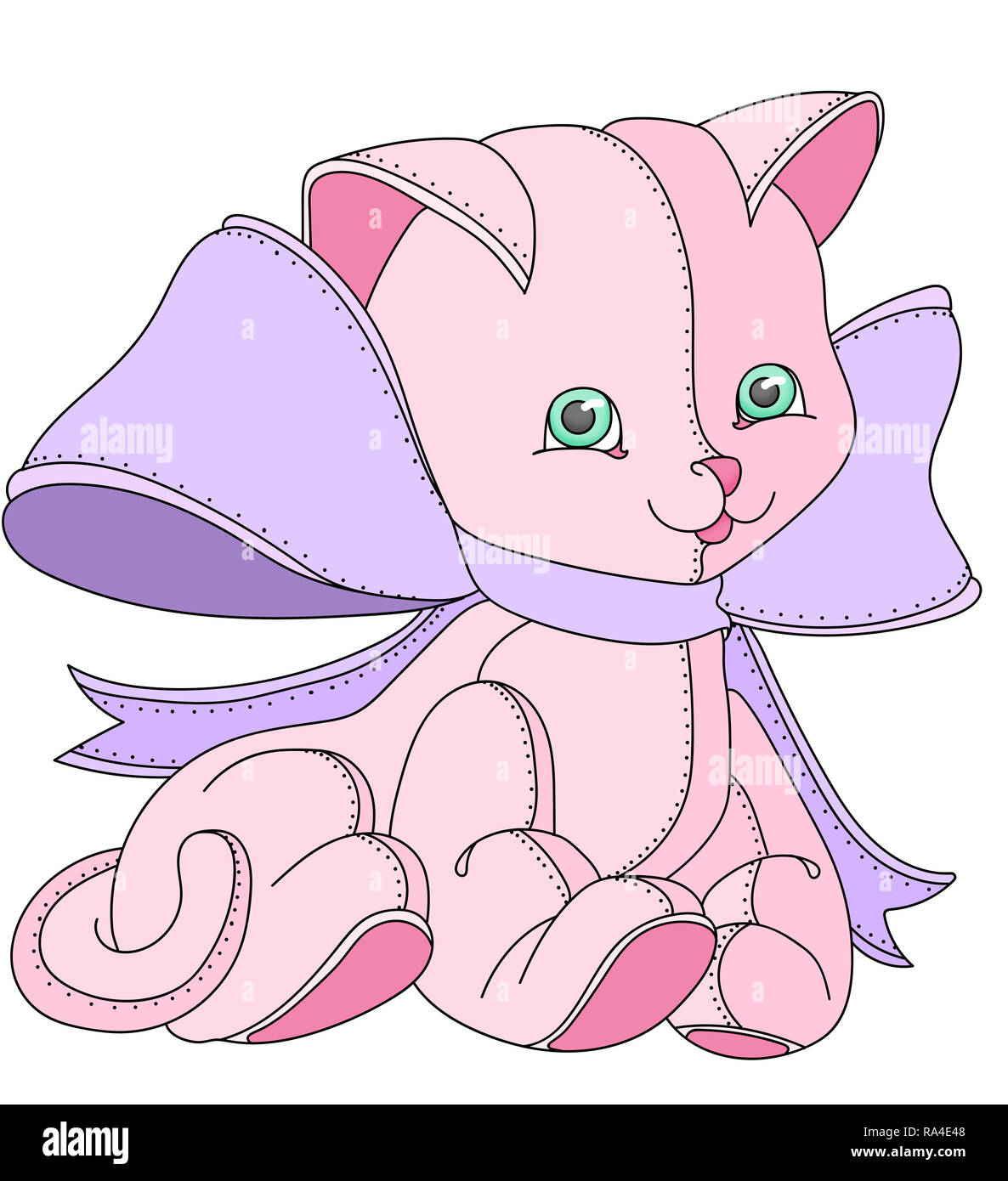 Illustrazione di un rosa ripiene cat/gattino giocattolo con un ampio arco di lavanda contro uno sfondo bianco Foto Stock