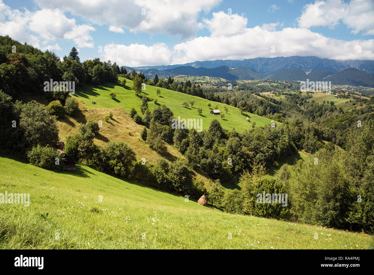 Paesaggio rurale con casa e rotoli di fieno in Transilvania, Romania Foto Stock