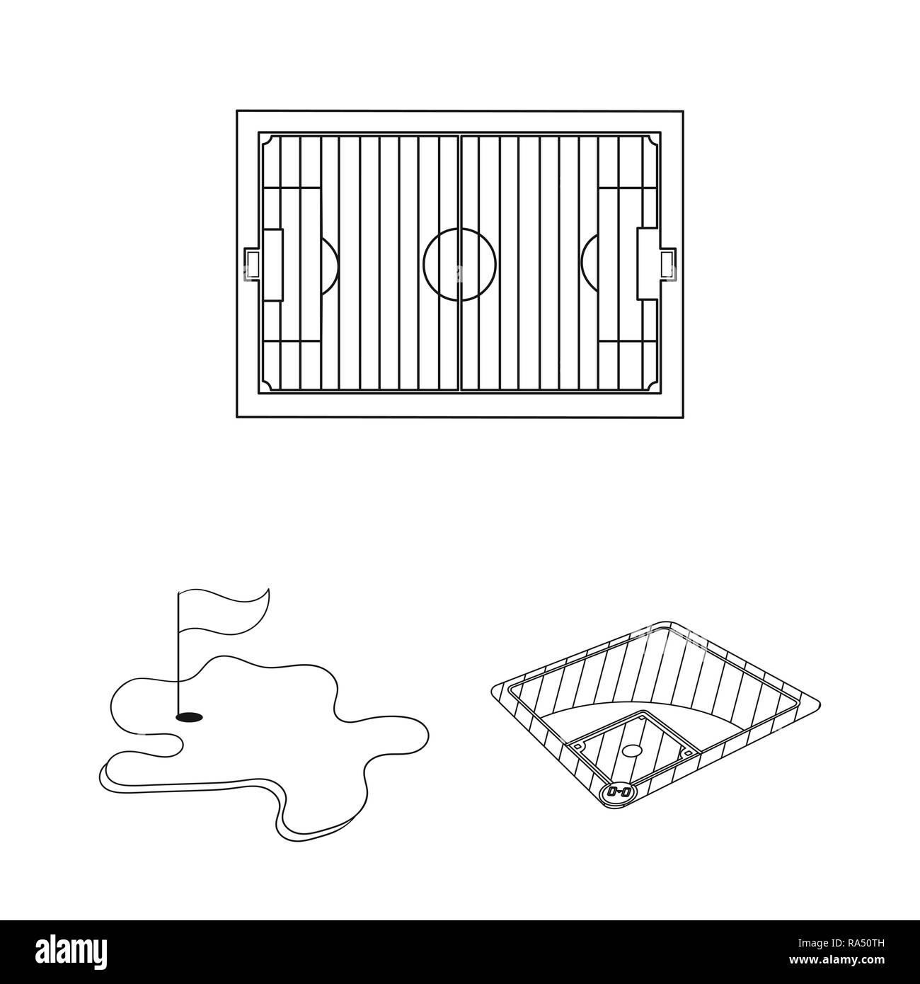 Corte,basket,baseball,football,stadium,terreno,campo,sport,arena,gioco,calcio,hockey,pallavolo,Gazzetta, tennis,concorso,golf,impostare,vettore,icona,immagine,isolato,raccolta,design,l'elemento,graphic,segno,contorno,linea, Vettori vettore , Illustrazione Vettoriale