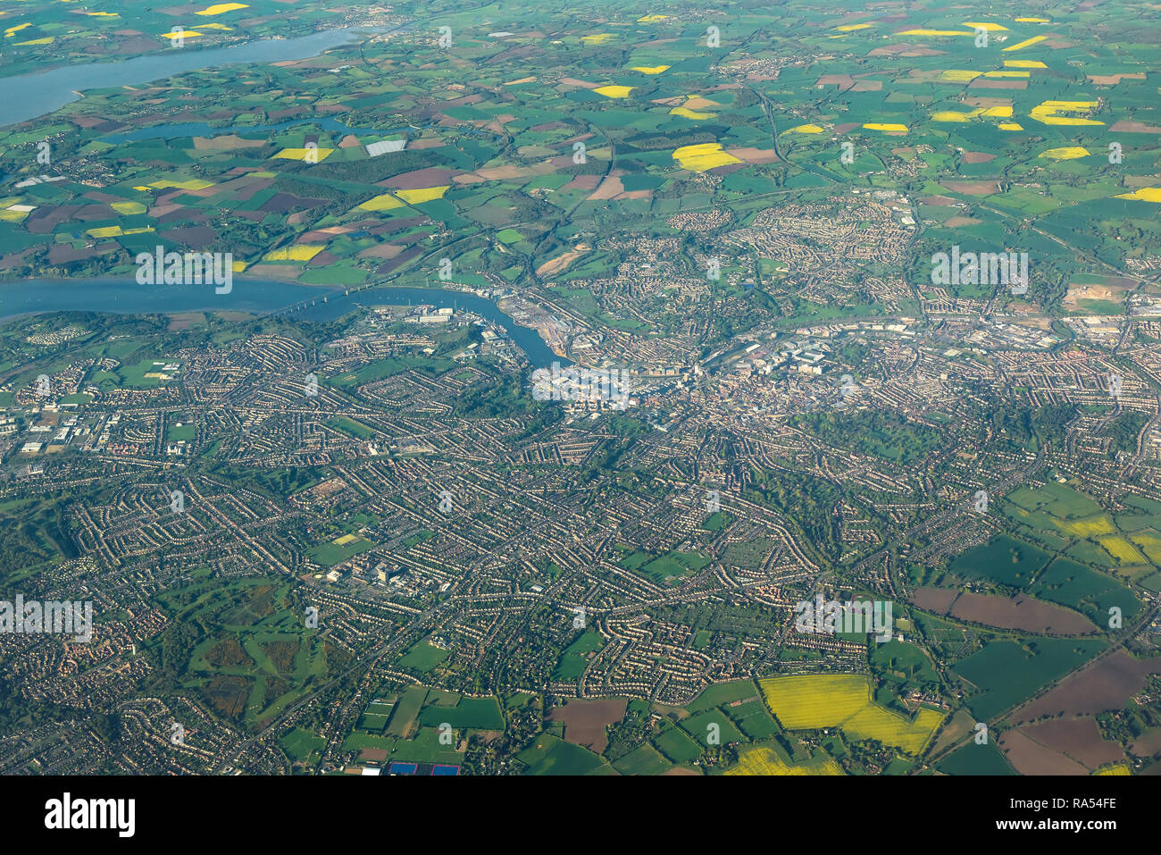 Vista della città di Ipswich in Inghilterra orientale dalla finestra di piano Foto Stock