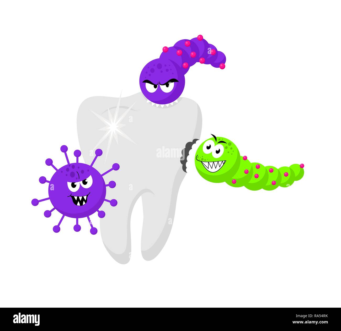 Batteri e virus intorno al dente. Stomatologia. La medicina dentale. Igiene concetto medico. Illustrazione Vettoriale su sfondo bianco Illustrazione Vettoriale