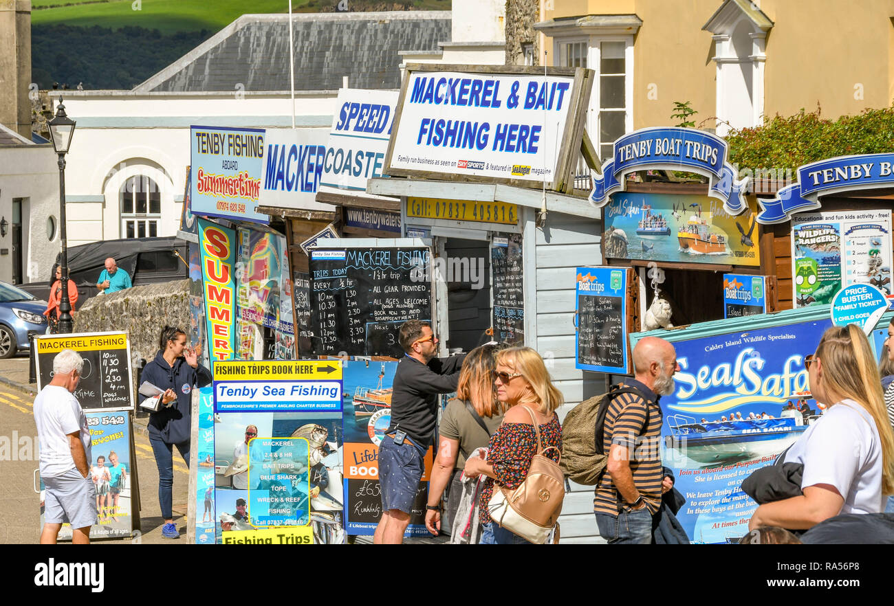 TENBY, Pembrokeshire, Galles - Agosto 2018: persone che guardano i segni e le informazioni sui viaggi di pesca e gite in barca offerti da imbarcazione locali operatori Foto Stock