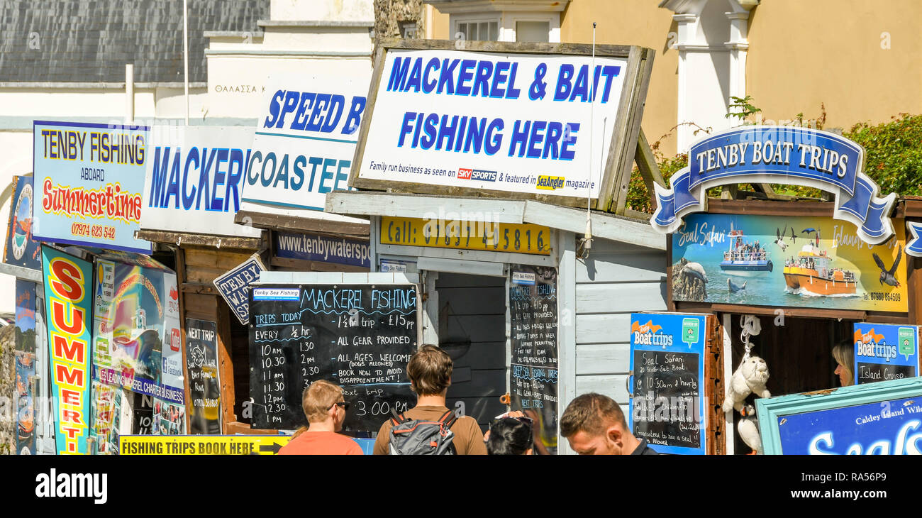 TENBY, Pembrokeshire, Galles - Agosto 2018: persone che guardano i segni e le informazioni sui viaggi di pesca e gite in barca offerti da imbarcazione locali operatori Foto Stock